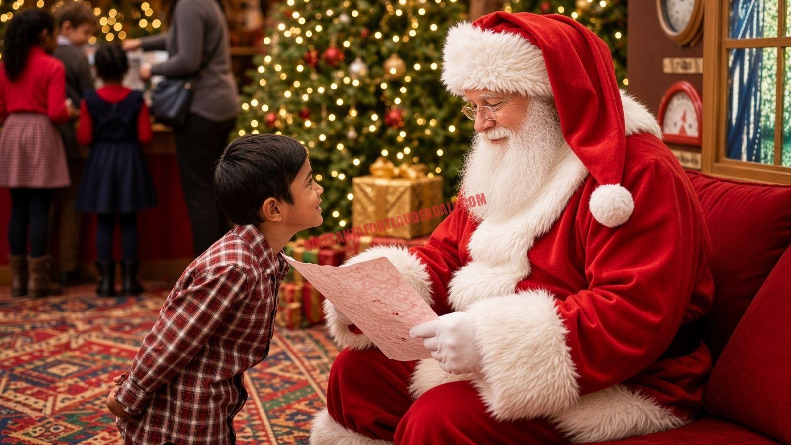 Santa for hire in Pembroke Pines, FL reading a letter with a child beside a lit Christmas tree