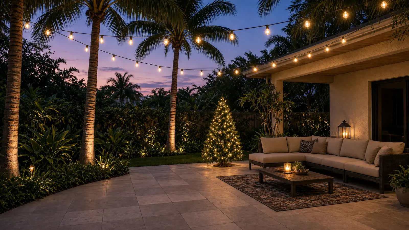 Holiday-lit South Florida patio at dusk with palms for booking Santa in Pompano Beach, FL